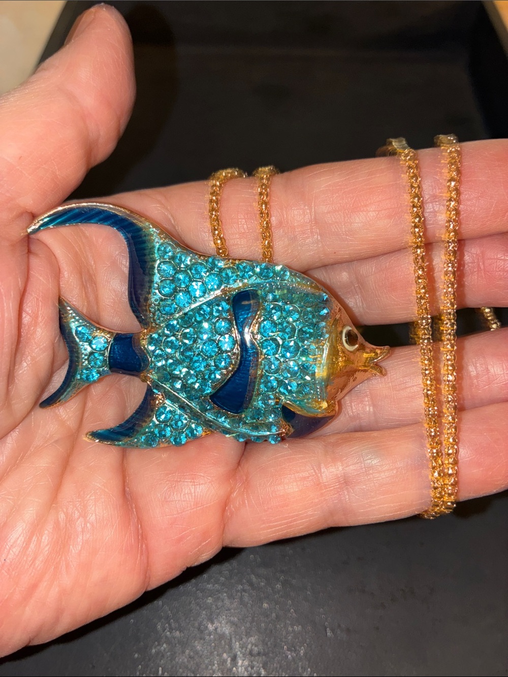Turquoise Rhinestone Fish Pendant Necklace